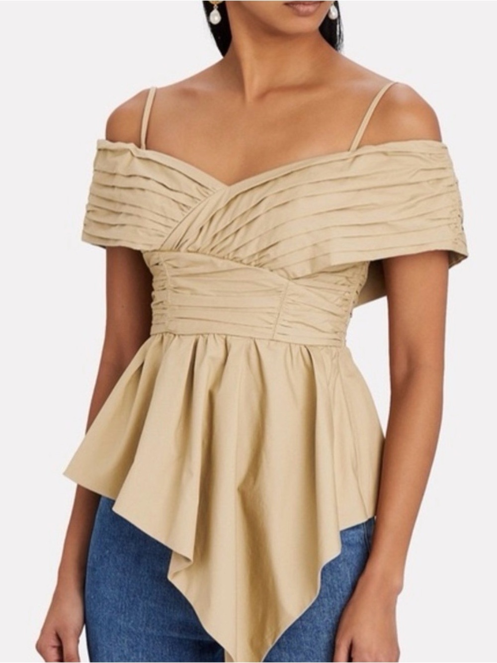 Self-Portrait Beige Off-Shoulder Pleated Peplum Top